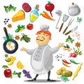 Illustration of friendly Chief cook, food design elements.