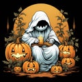 Illustration of friendly ghost sitting near pumpkins with candle in the hands