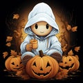Illustration of friendly ghost sitting near pumpkins drinking tea