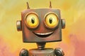 Illustration of a friendly, smiling robot with large, round eyes and a shiny metal body. The robot