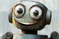 Illustration of a friendly, smiling robot with large, round eyes and a shiny metal body. The robot
