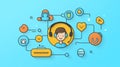 Illustration of a friendly support agent engaging with various digital icons representing technology and communication