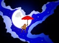 Illustration Of Frog Flying In Moon Night Sky With Support Of Red Umbrella, And Dark Cloudscape.