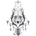 illustration of a front view of a wolf head, geometric sketch of a tattoo