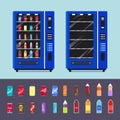 Illustration of full and empty vending machine with drinks. in conjunction with bottle, soda, juice, energy drink, and water. Royalty Free Stock Photo