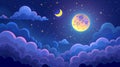 An illustration of a full moon and crescent in the night sky with clouds and stars on a dark midnight sky. A starry Royalty Free Stock Photo