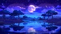 An illustration of a full moon in a dark night sky with stars and clouds above trees and pond reflecting starlight. Dark Royalty Free Stock Photo