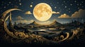 an illustration of a full moon over a landscape with mountains and trees Royalty Free Stock Photo