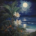 Illustration of the full moon rises over the sea. Generative AI Royalty Free Stock Photo
