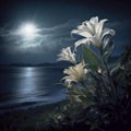 Illustration of the full moon rises over the sea. Generative AI Royalty Free Stock Photo