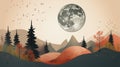 an illustration of a full moon in the sky with trees and mountains Royalty Free Stock Photo