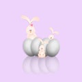 Illustration of funny bunnies with egg on violet background