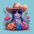 Funny cat head wearing sunlasses and western cowboy hat with colorful flowers Royalty Free Stock Photo