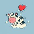 Illustration of a funny childish cow in love. Big animal in the clouds. Generative AI Royalty Free Stock Photo