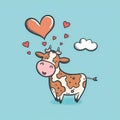 Illustration of a funny childish cow in love. Big animal in the clouds. Generative AI Royalty Free Stock Photo