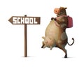 Illustration a funny cow character with backpack going to school