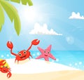 Illustration of funny crab and starfish on the beach