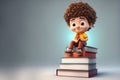 funny curly haired student boy sitting on books, international student day theme