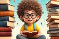 funny curly haired student boy sitting with tower of books, international student day theme