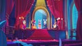 In this illustration, funny dolls perform a theatrical performance for children on a stage with red curtains, stairs Royalty Free Stock Photo