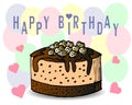 illustration, funny happy birthday card, bright chocolate painted cake, balloons and lettering Royalty Free Stock Photo
