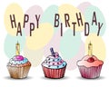 illustration, funny happy birthday card, bright sweet drawn cupcakes with candles, balloons and lettering Royalty Free Stock Photo