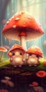 Illustration of funny mushrooms in the forest. Fairy mushrooms in fantasy land, forest landscape. Generative AI