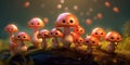 Illustration of funny mushrooms in the forest. Fairy mushrooms in fantasy land, forest landscape. Generative AI