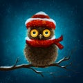 Illustration of the funny owl on the branch. Night owl character