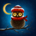 Illustration of the funny owl on the branch. Night owl character