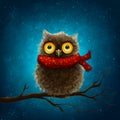 Illustration of the funny owl on the branch. Night owl character