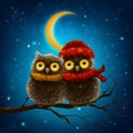 Illustration of the funny owl on the branch. Night owl character