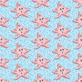 Illustration of a funny starfish clipart pattern on a blue and white background