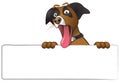 Illustration of a funny surprised dog with eyes wide open and tongue hanging out of mouth. Dog is holding a blank white sign Royalty Free Stock Photo