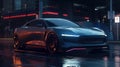 Illustration of future electric car in rainy dark city