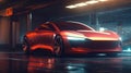 Illustration of future electric car in rainy dark city