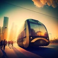 Illustration of Future of Urban Mobility. Futuristic Trams, Metro, and Subways in a Cityscape, generative ai