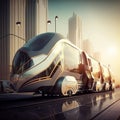 Illustration of Future of Urban Mobility. Futuristic Trams, Metro, and Subways in a Cityscape, generative ai