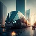 Illustration of Future of Urban Mobility. Futuristic Trams, Metro, and Subways in a Cityscape, generative ai