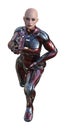 Illustration of a futuristic bald female soldier in full body armor running