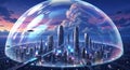 Futuristic Cityscape Protected Under a Dome: A Vision of Tomorrow\'s Sustainable Urban Life and Technological Innovation Royalty Free Stock Photo