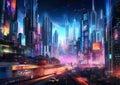 Illustration of a futuristic city at night with evening traffic and evening lights atmosphere.