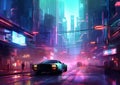 Illustration of a futuristic city at night with evening traffic and evening lights atmosphere. Royalty Free Stock Photo