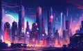 An illustration of a futuristic city at night and a sci-fi vision of a futuristic neon city. Royalty Free Stock Photo