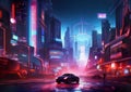 An illustration of a futuristic city at night and a sci-fi vision of a futuristic neon city. Royalty Free Stock Photo