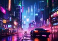 An illustration of a futuristic city at night and a sci-fi vision of a futuristic neon city. Royalty Free Stock Photo