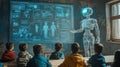illustration futuristic classroom with AI assistant in humanoid form teaching children, using holographic projections