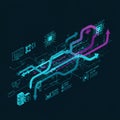 Illustration of a futuristic digital network with interconnected elements. Features