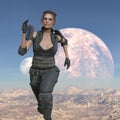 Illustration of a futuristic female running with two moons of an alien world behind her Royalty Free Stock Photo