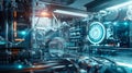 An illustration of a futuristic hospital with advanced medical equipment utilizing 6G quantum computing to provide
